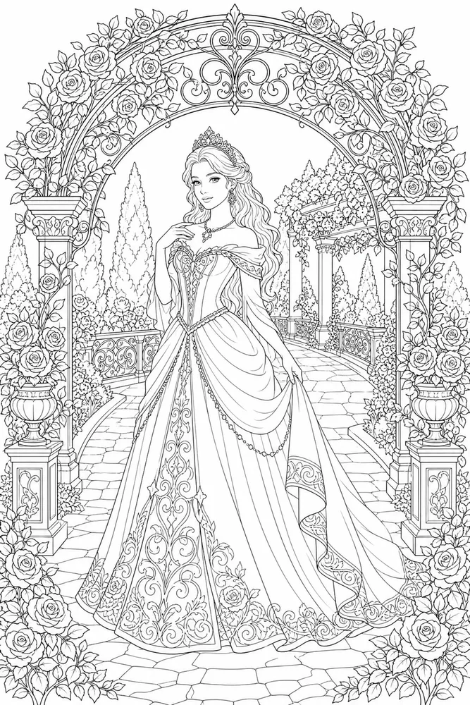 Adult Princess Rose Arch Walkway coloring page