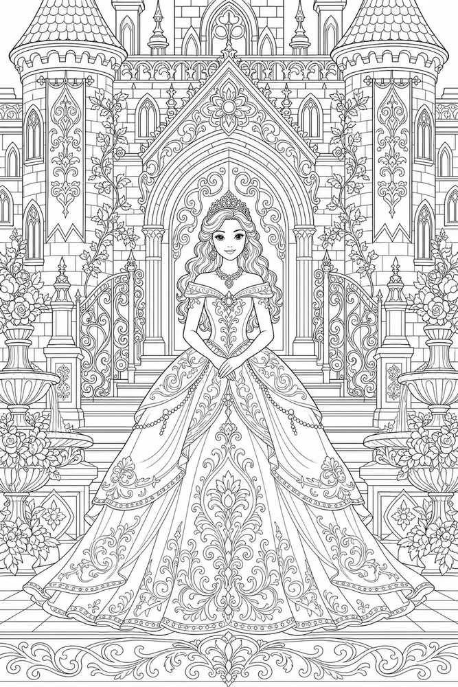 Adult Princess Symmetrical Castle Facade coloring page