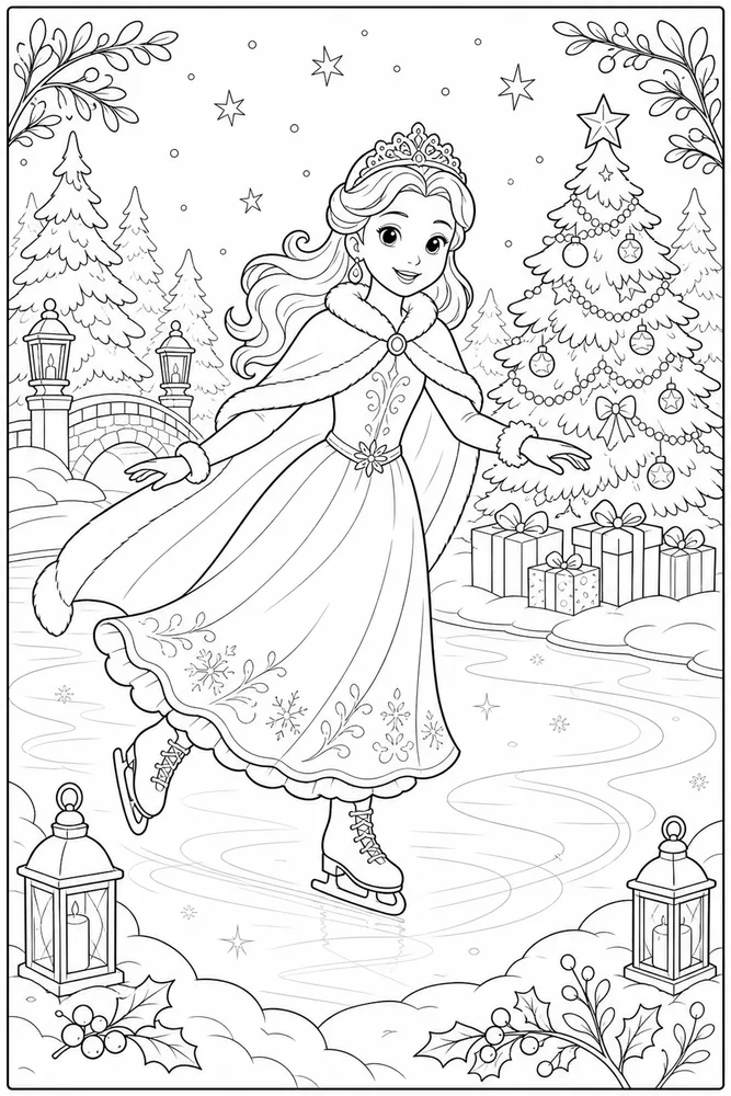 Christmas Princess Ice Skating Pond coloring page