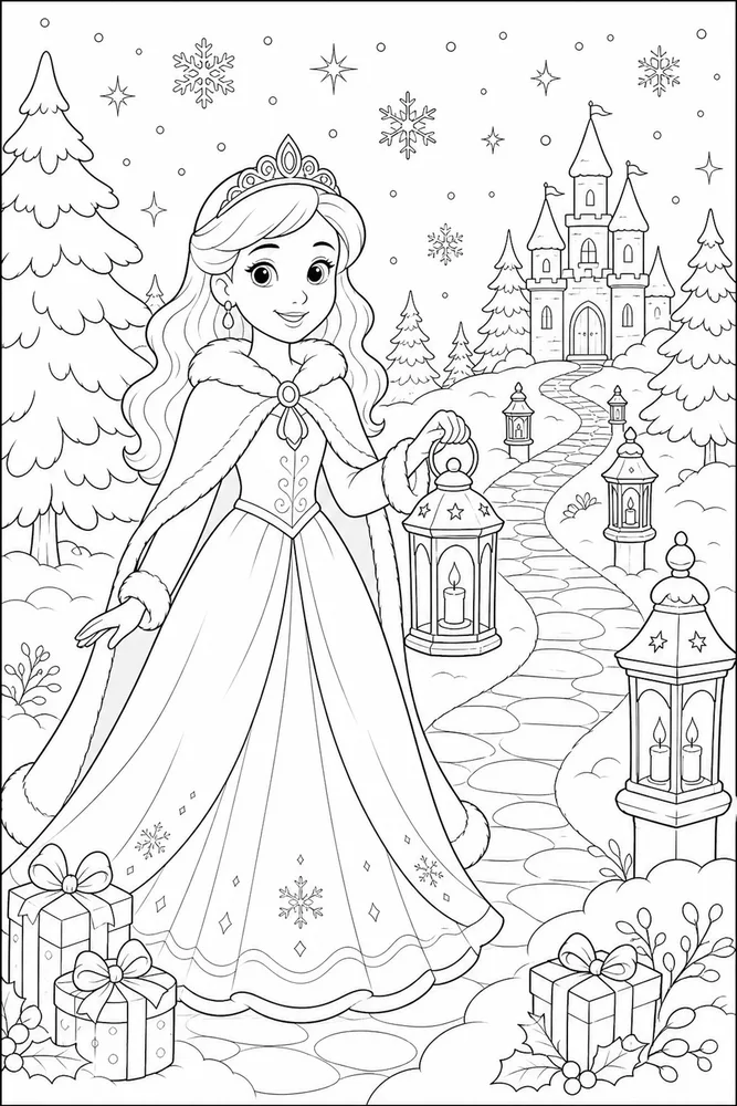Christmas Princess Lantern Snow Path coloring page