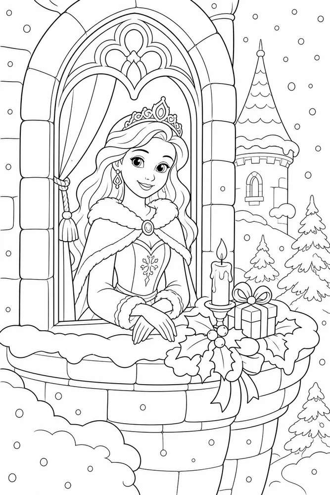 Christmas Princess Snowy Tower Window coloring page