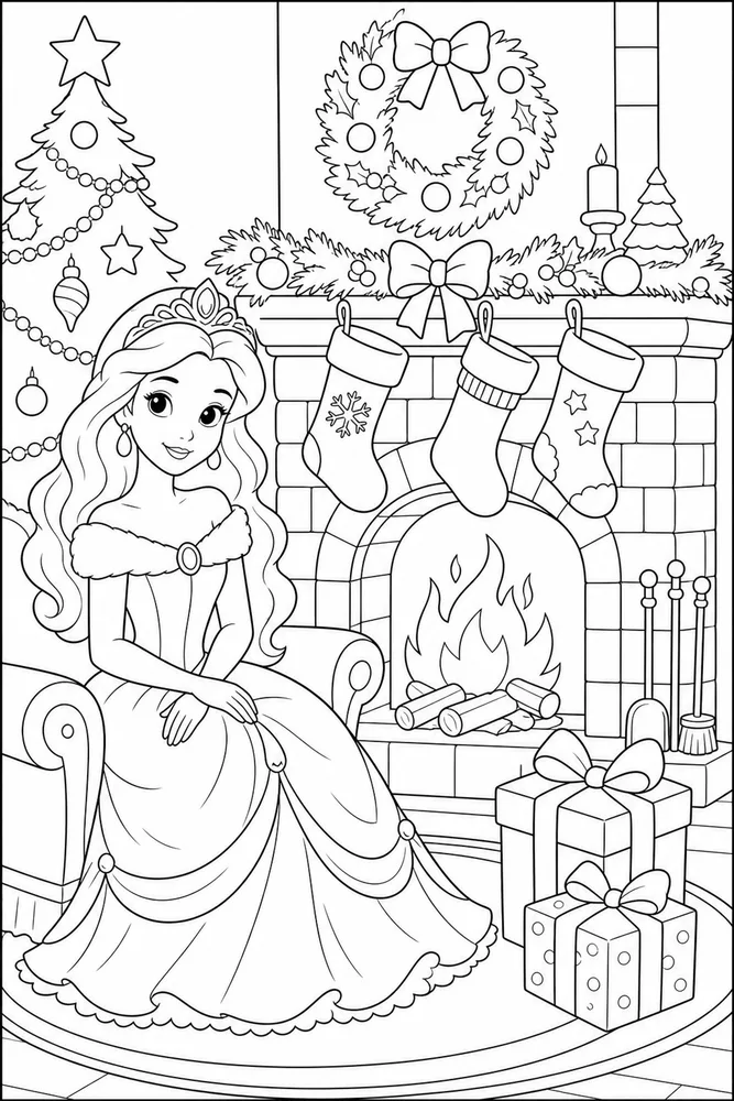 Christmas Princess Stocking Fireplace coloring page