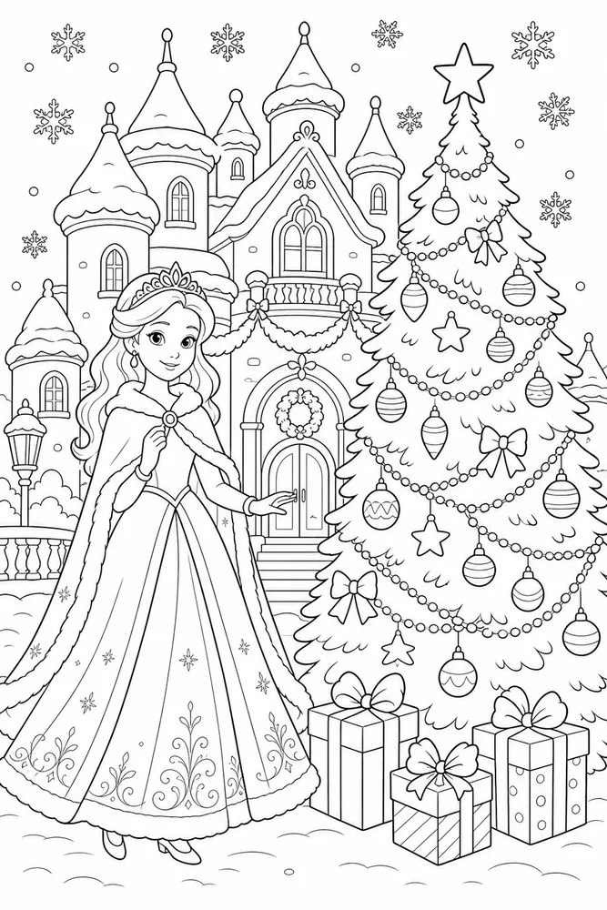 Christmas Princess Winter Palace Tree coloring page
