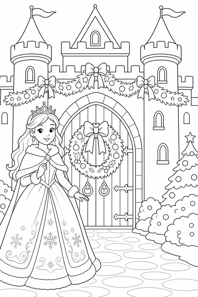 Christmas Princess Wreath Castle Gate coloring page
