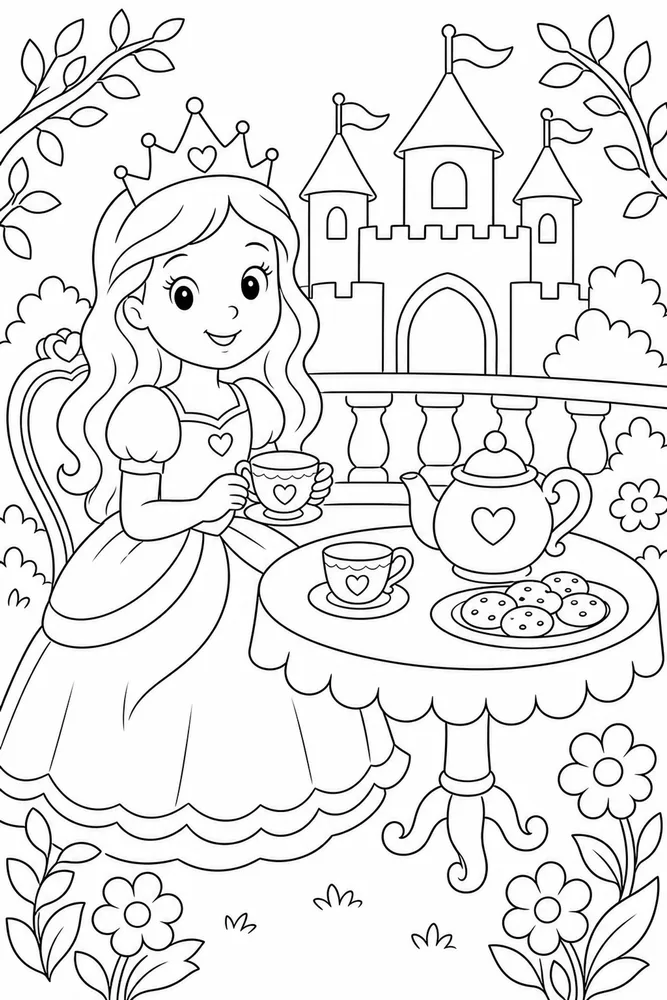Easy Princess Tea Table coloring page