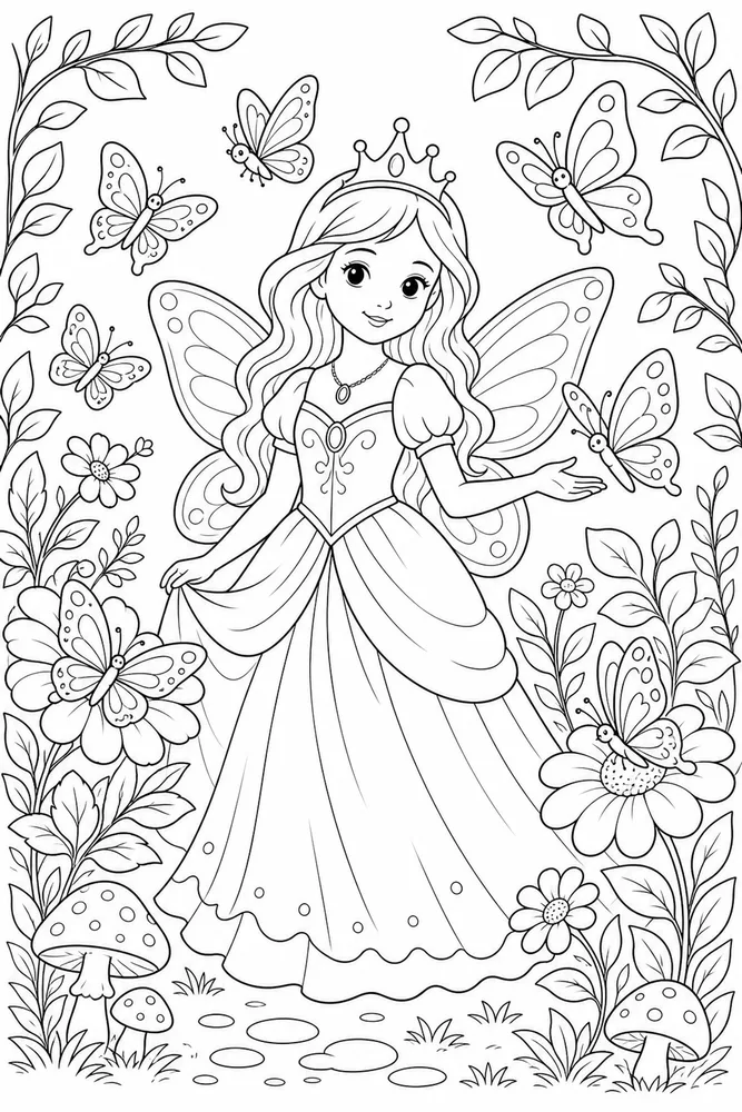 Fairy Princess Butterfly Friends coloring page