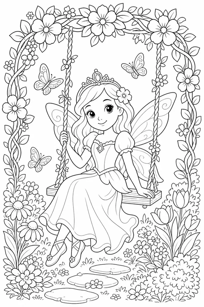 Fairy Princess Garden Swing coloring page