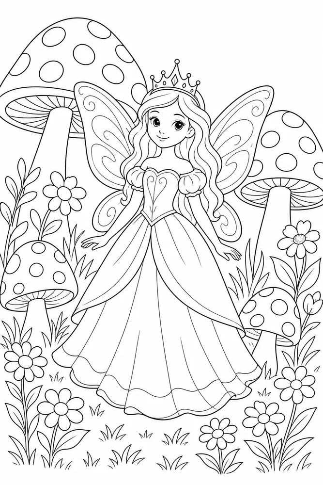 Fairy Princess Mushroom Meadow coloring page