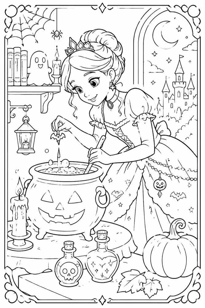 Halloween Princess Halloween princess activity scene coloring page