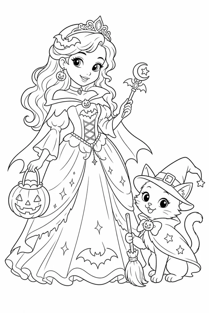 Halloween Princess Halloween princess family scene coloring page