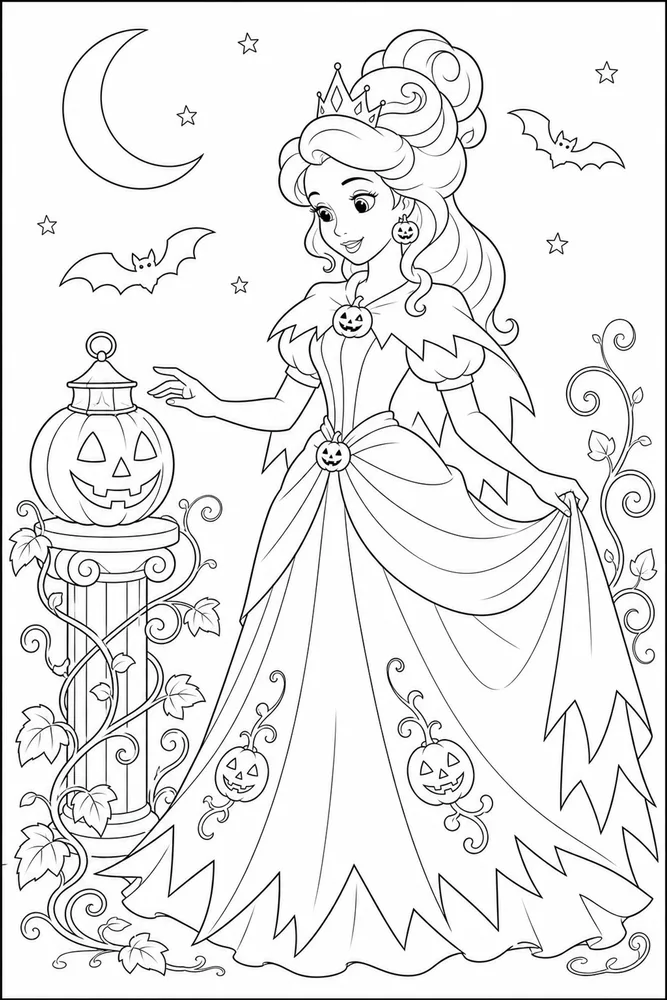 Halloween Princess Coloring Pages preview: Halloween Princess Halloween princess front portrait coloring page