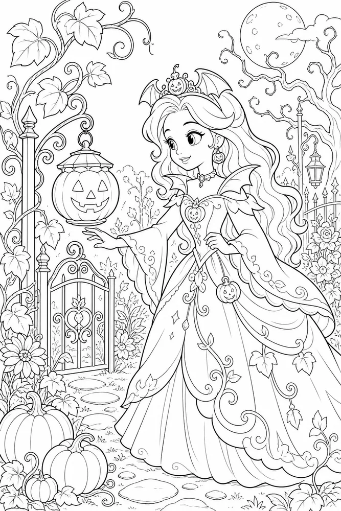 Halloween Princess Halloween princess garden setting coloring page
