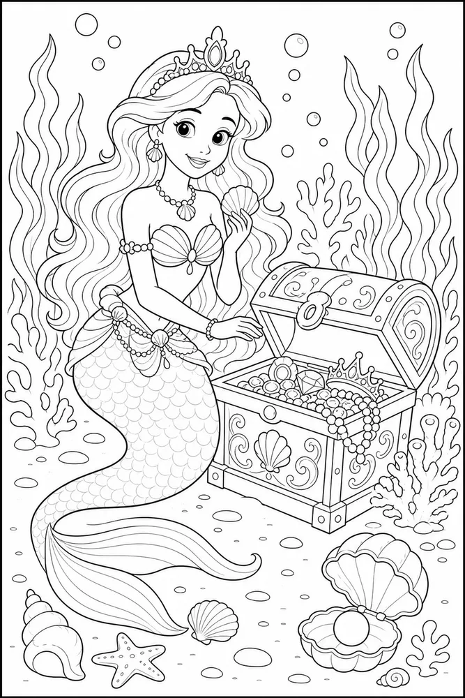Undersea Princess Treasure Chest coloring page