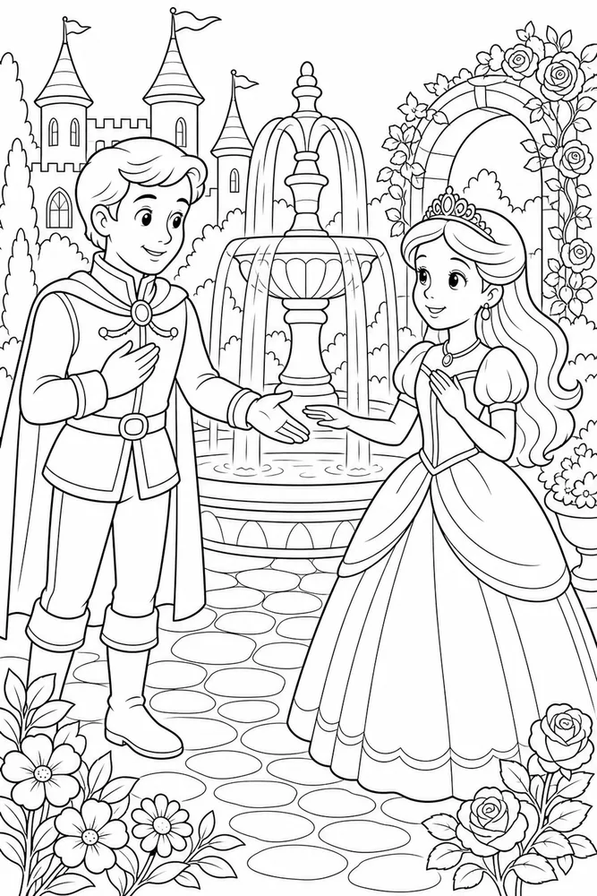 Prince Princess Fountain Greeting coloring page