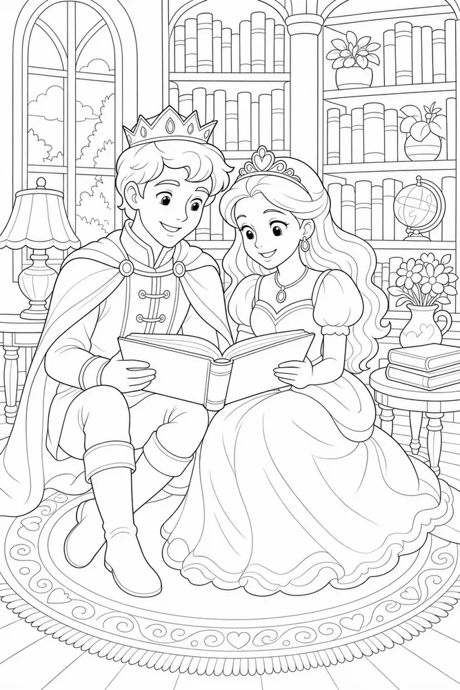 Prince Princess Library Reading coloring page