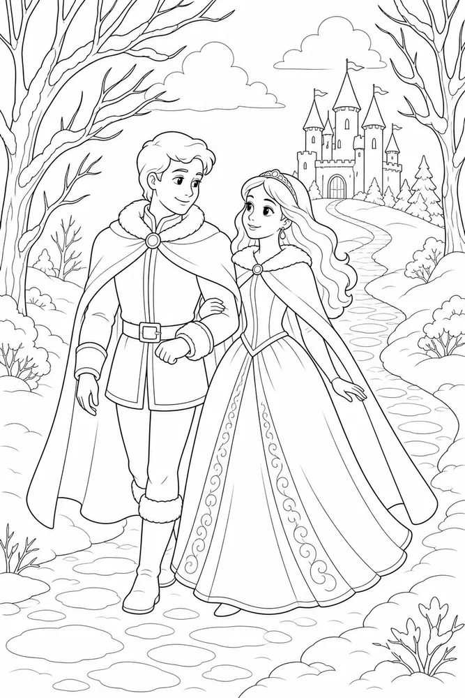 Prince Princess Snow Path coloring page