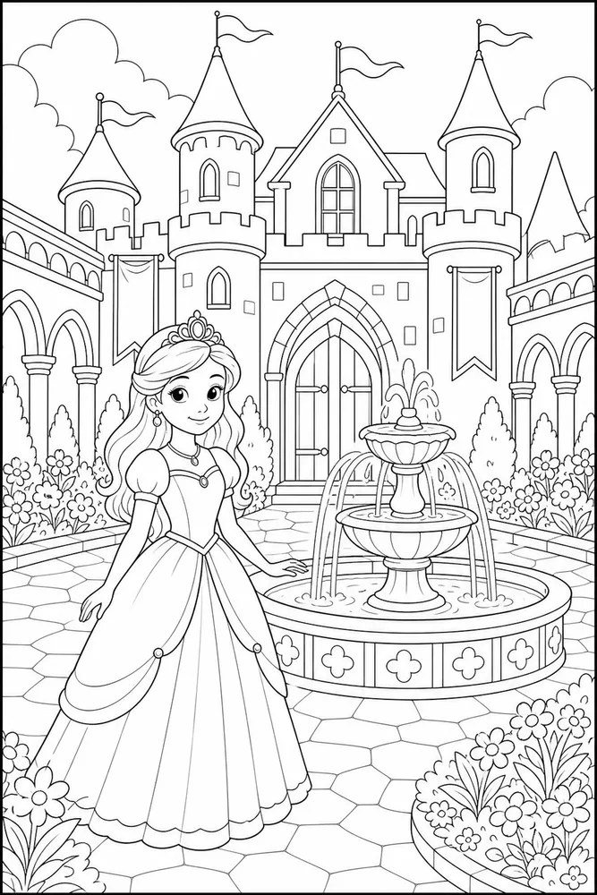 Princess Castle Courtyard Fountain coloring page