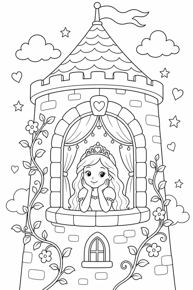 Princess Castle Tower Window Curtains coloring page