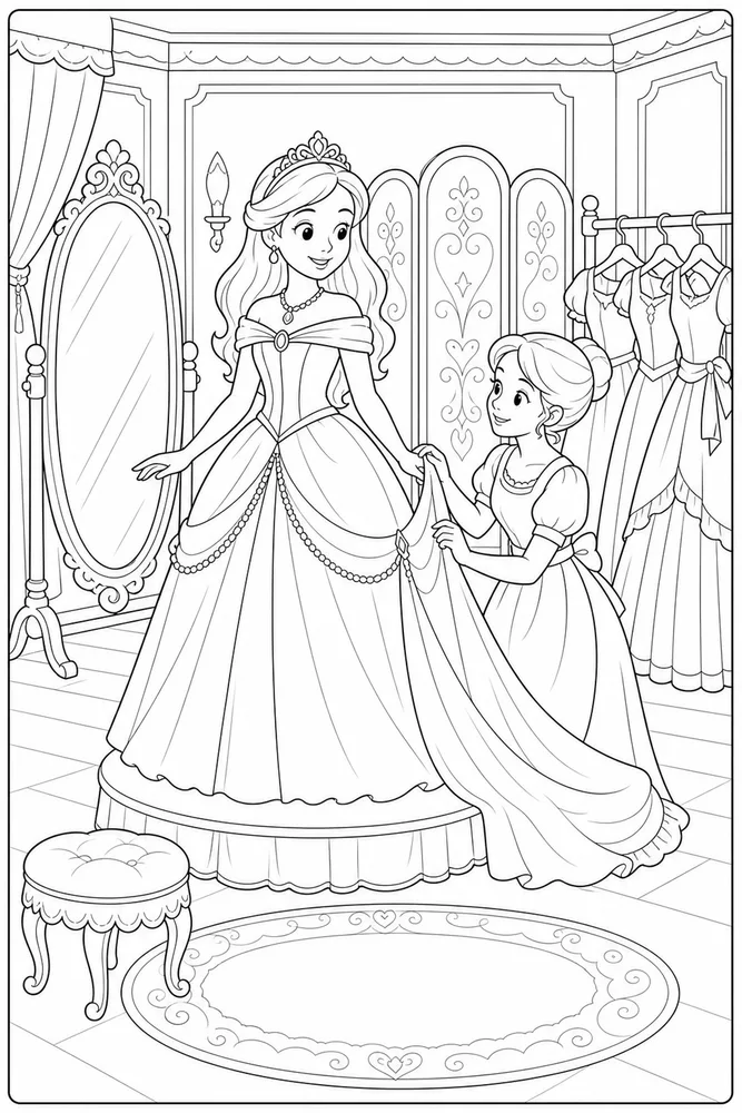 Princess Dress Gown Fitting Room coloring page