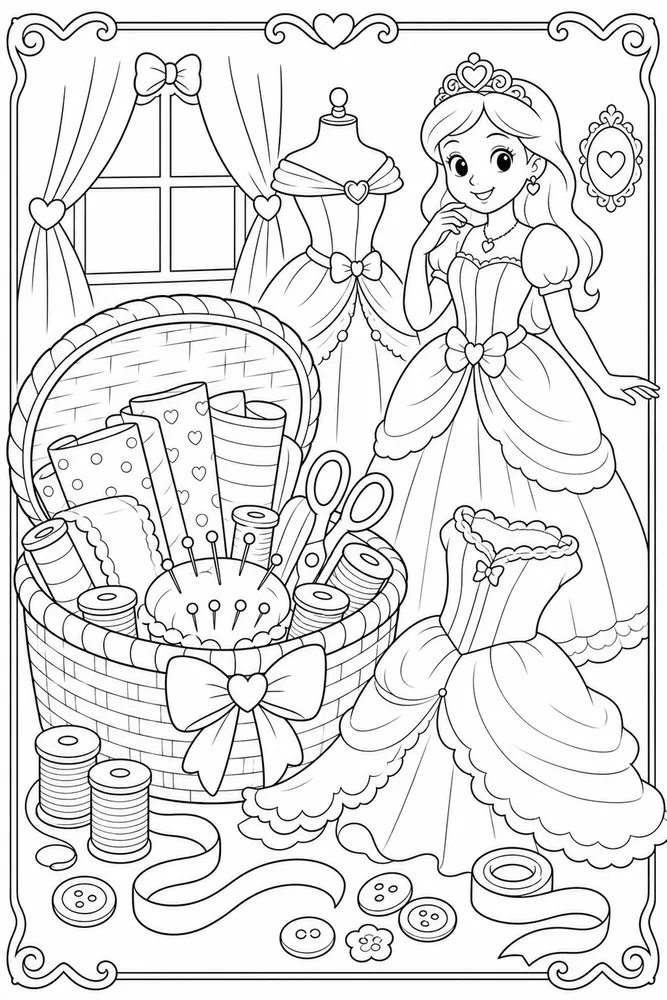 Princess Dress Sewing Basket coloring page