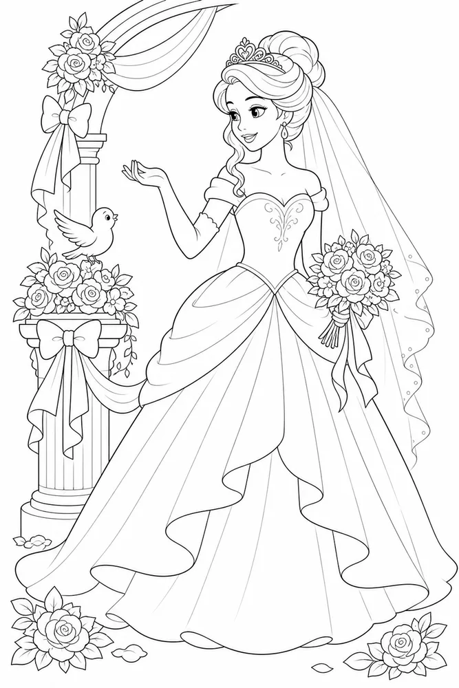 Princess Wedding Coloring Pages preview: Princess Wedding Princess wedding front portrait coloring page