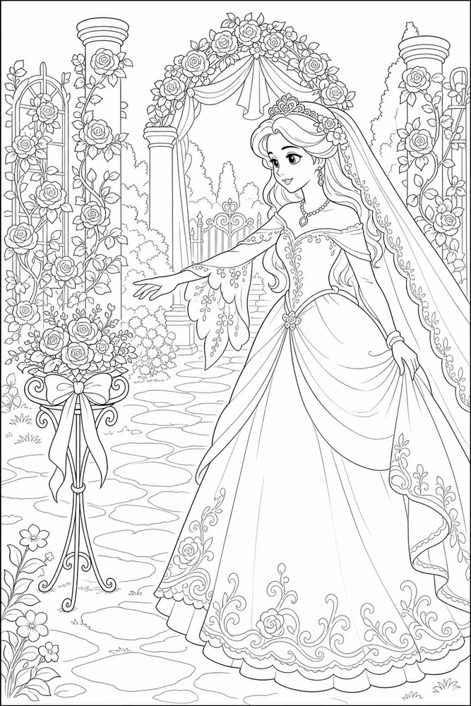 Princess Wedding Princess wedding garden setting coloring page