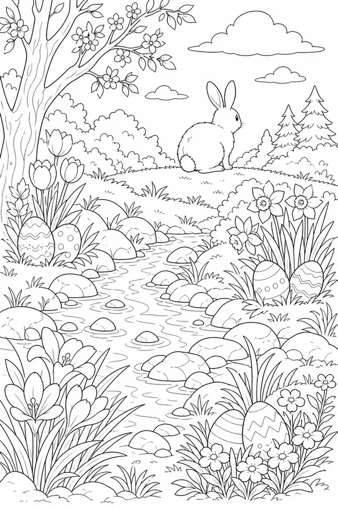 Easter Rabbit Easter rabbit habitat background coloring page