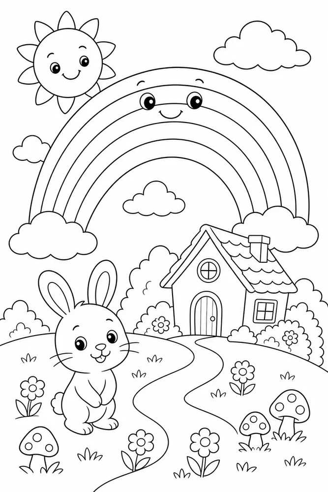 Easy Rainbow Coloring Pages preview: Easy Rainbow Easy Rainbow Rainbow Storybook Scene coloring page
