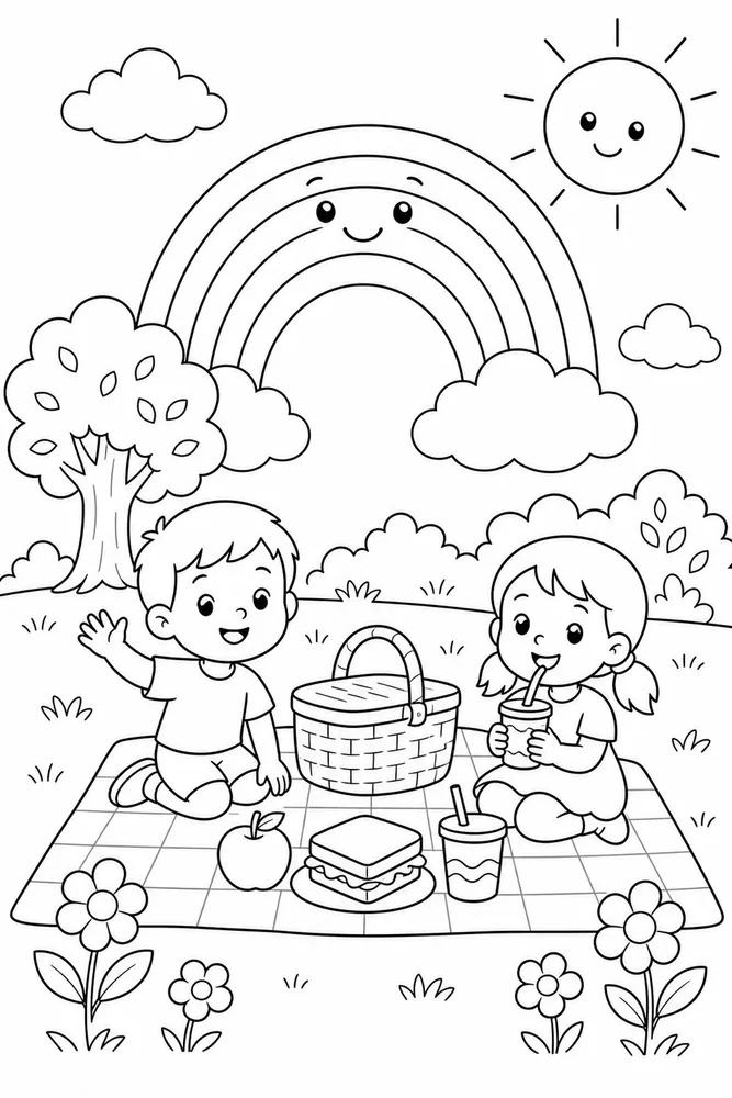 Preschool Rainbow Coloring Pages preview: Preschool Rainbow Preschool Rainbow Rainbow Picnic Corner coloring page