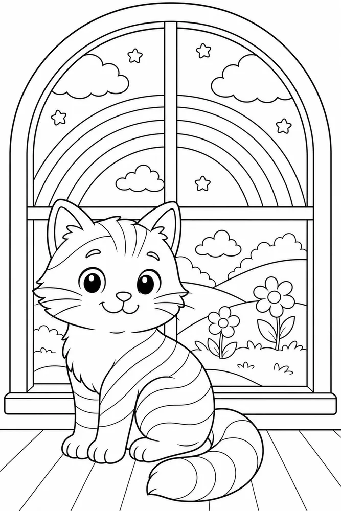 Rainbow Cat Rainbow Cat Rainbow Window View coloring page