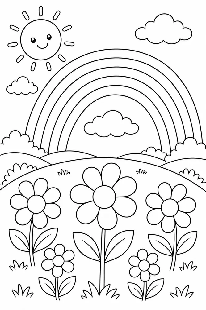 Rainbow Flowers Rainbow Flowers Rainbow Hilltop View coloring page
