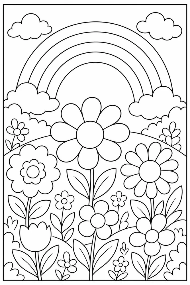 Rainbow Flowers Rainbow Flowers Rainbow Large Simple Outline coloring page