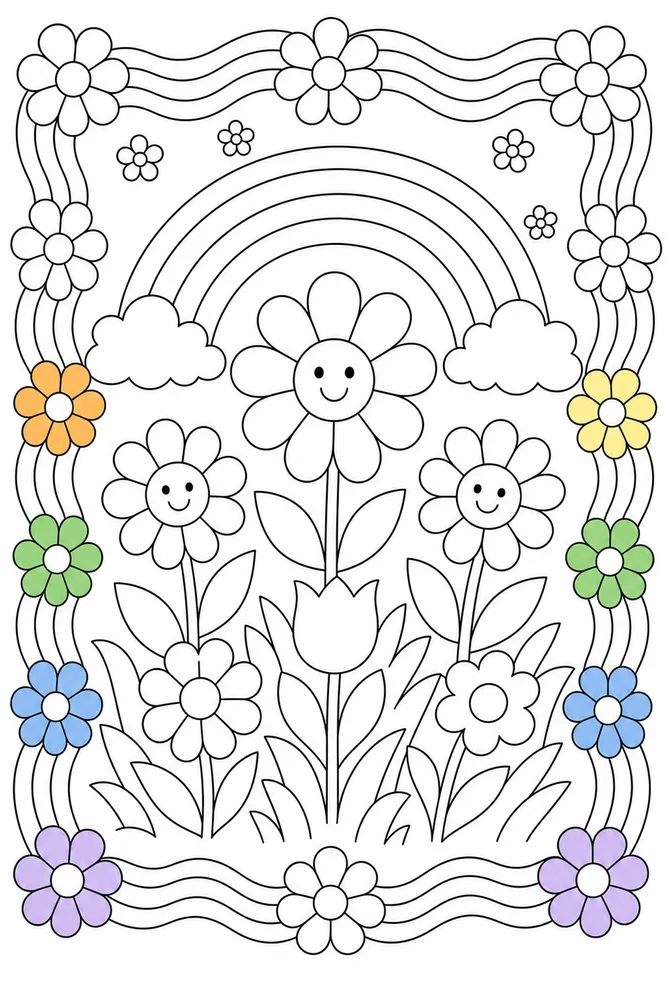 Rainbow Flowers Coloring Pages preview: Rainbow Flowers Rainbow Flowers Rainbow Pattern Border coloring page