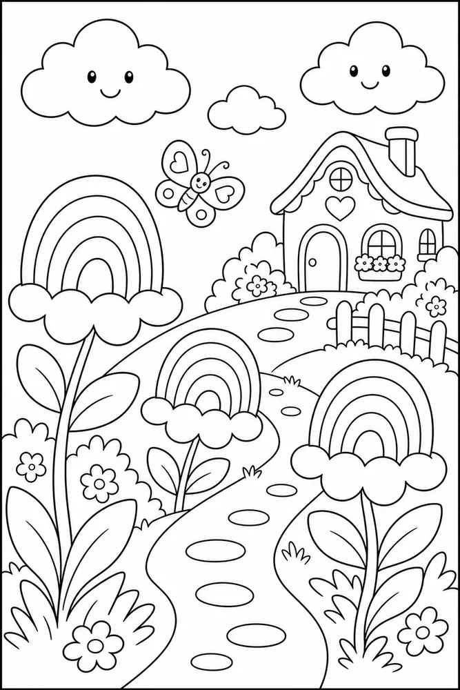 Rainbow Flowers Rainbow Flowers Rainbow Storybook Scene coloring page