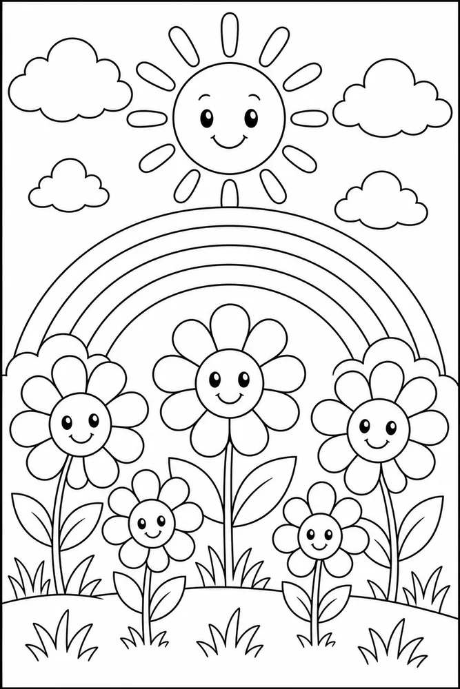 Rainbow Flowers Rainbow Flowers Rainbow Sunny Sky coloring page