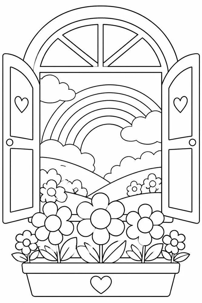 Rainbow Flowers Rainbow Flowers Rainbow Window View coloring page