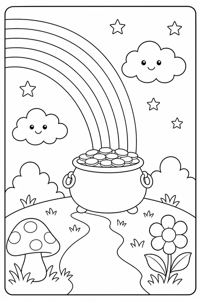 Rainbow Pot of Gold Coloring Pages preview: Rainbow Pot Of Gold Rainbow Pot Of Gold Rainbow Storybook Scene coloring page
