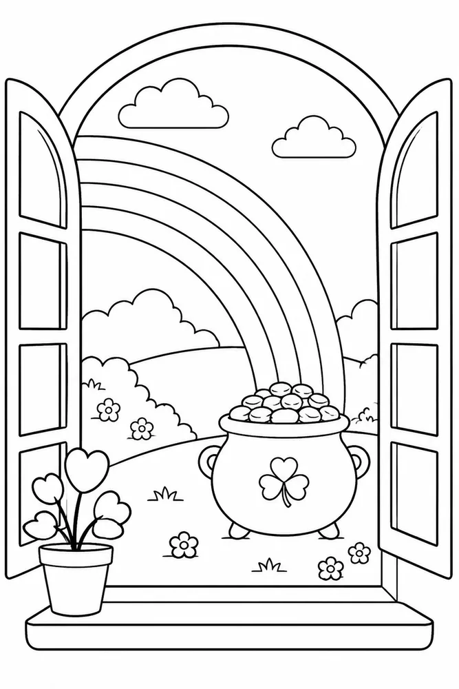 Rainbow Pot Of Gold Rainbow Pot Of Gold Rainbow Window View coloring page