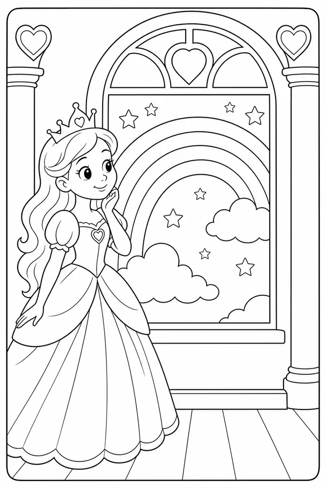 Rainbow Princess Coloring Pages preview: Rainbow Princess Rainbow Princess Rainbow Window View coloring page