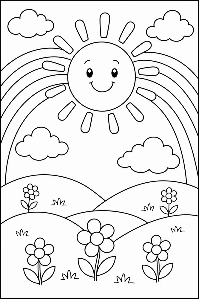 Rainbow Sun Coloring Pages preview: Rainbow Sun Rainbow Sun Rainbow Hilltop View coloring page