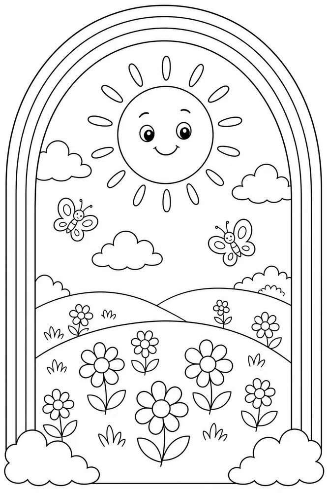 Rainbow Sun Rainbow Sun Rainbow Meadow Frame coloring page