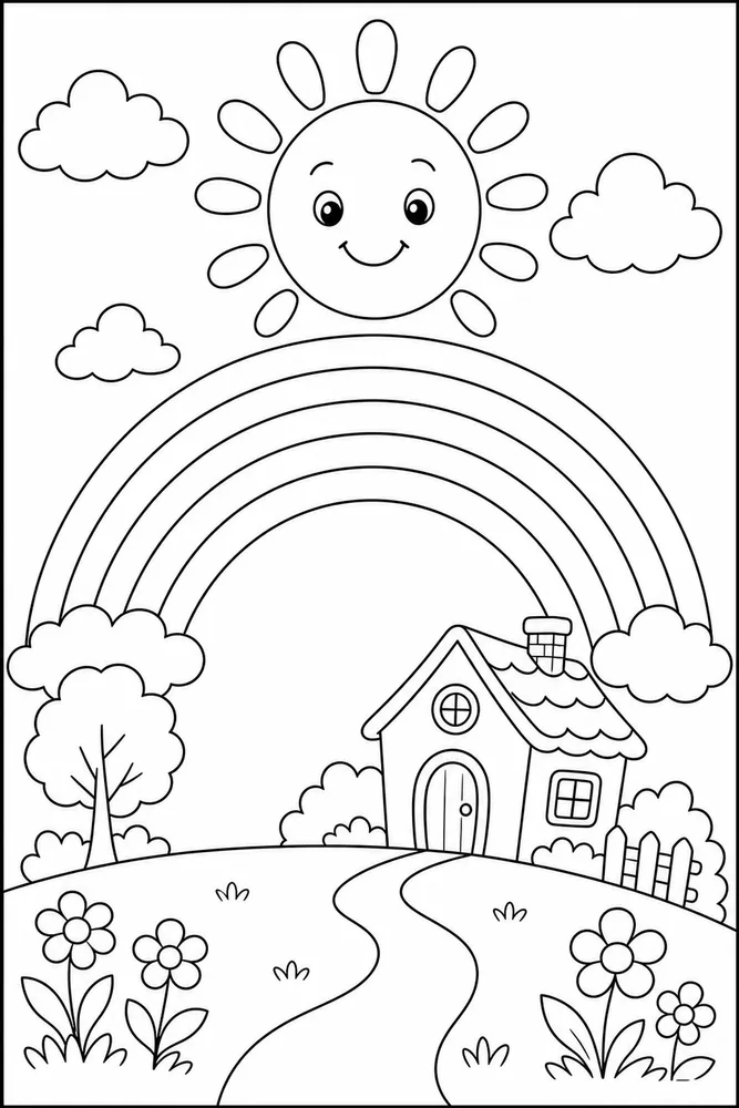 Rainbow Sun Rainbow Sun Rainbow Storybook Scene coloring page