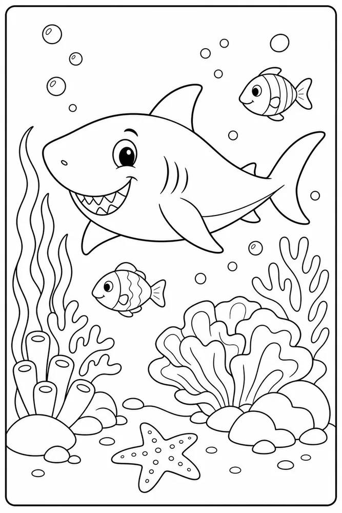 Cartoon Shark Coloring Pages preview: Cartoon Shark Cartoon Shark Reef Swim coloring page