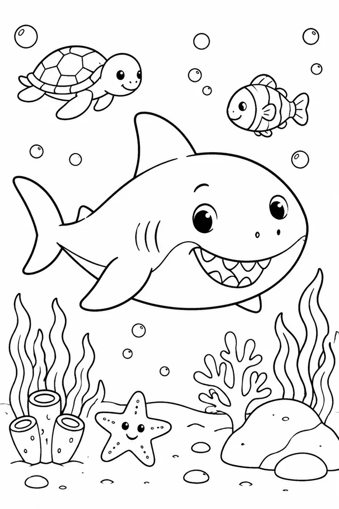 Cute Shark Cute Shark Ocean Floor Scene coloring page