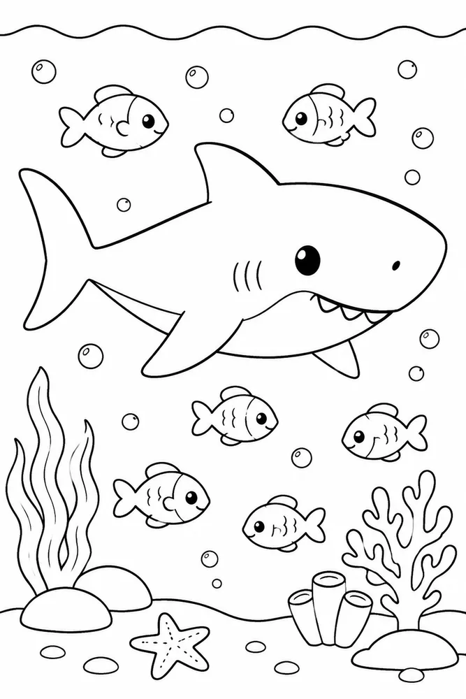 Cute Shark Cute Shark School Of Small Fish coloring page