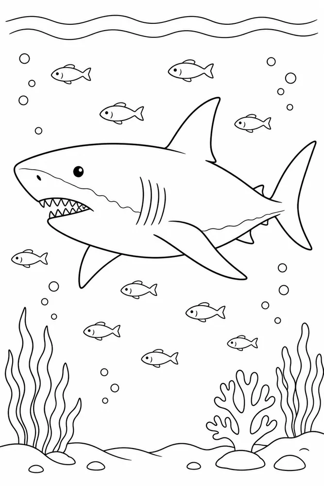 Megalodon Shark Megalodon School Of Small Fish coloring page