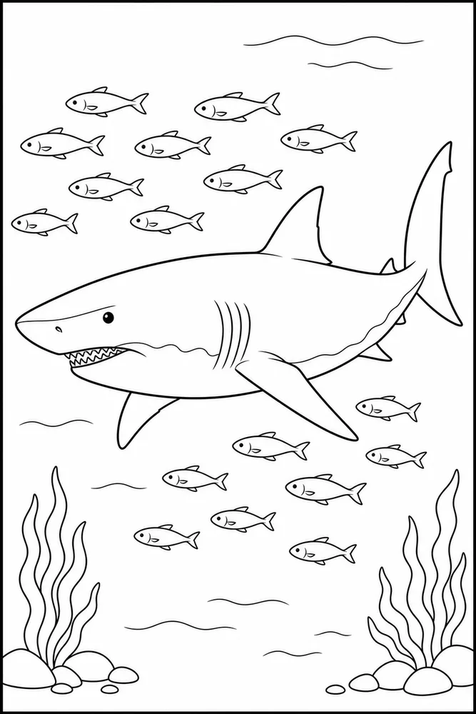 Realistic Shark Realistic Shark School Of Small Fish coloring page