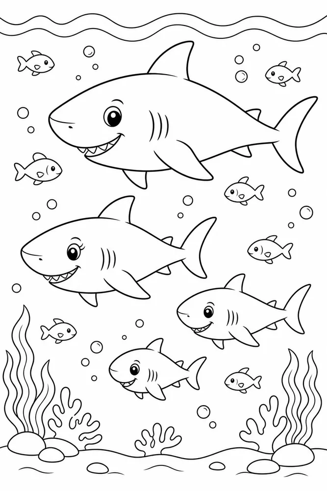 Shark Family Shark Family School Of Small Fish coloring page