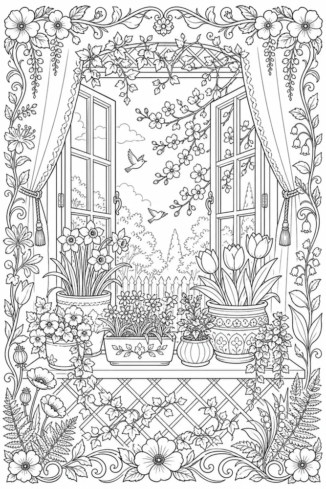 Adult Spring Botanical Window Scene coloring page