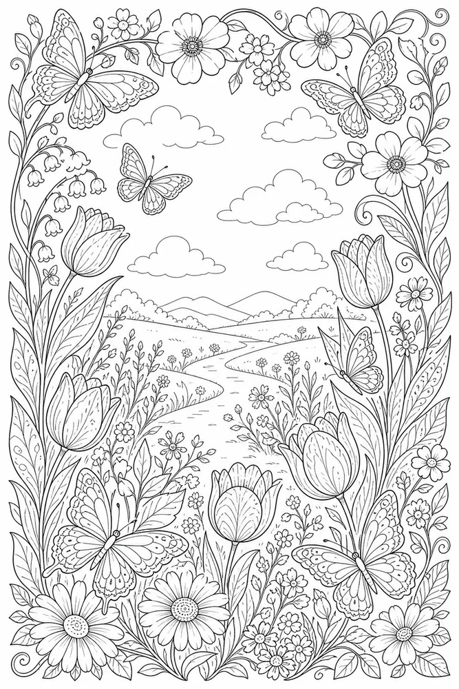 Adult Spring Butterfly Floral Border coloring page